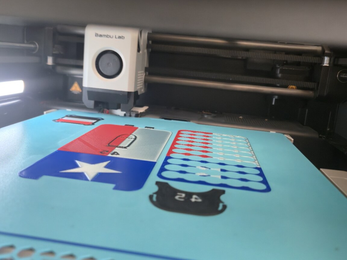 BRT .45 ACP Texas flag components being manufactured in-house on a 3D printer
