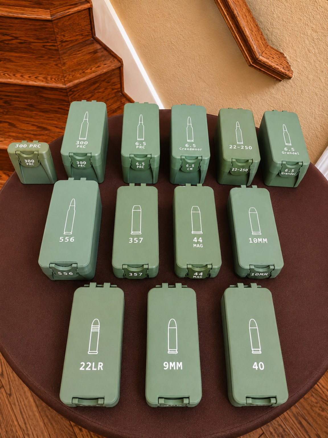 Custom blue 22 LR Bench Rest Tools ammunition box with personalized exterior and interior lid graphics