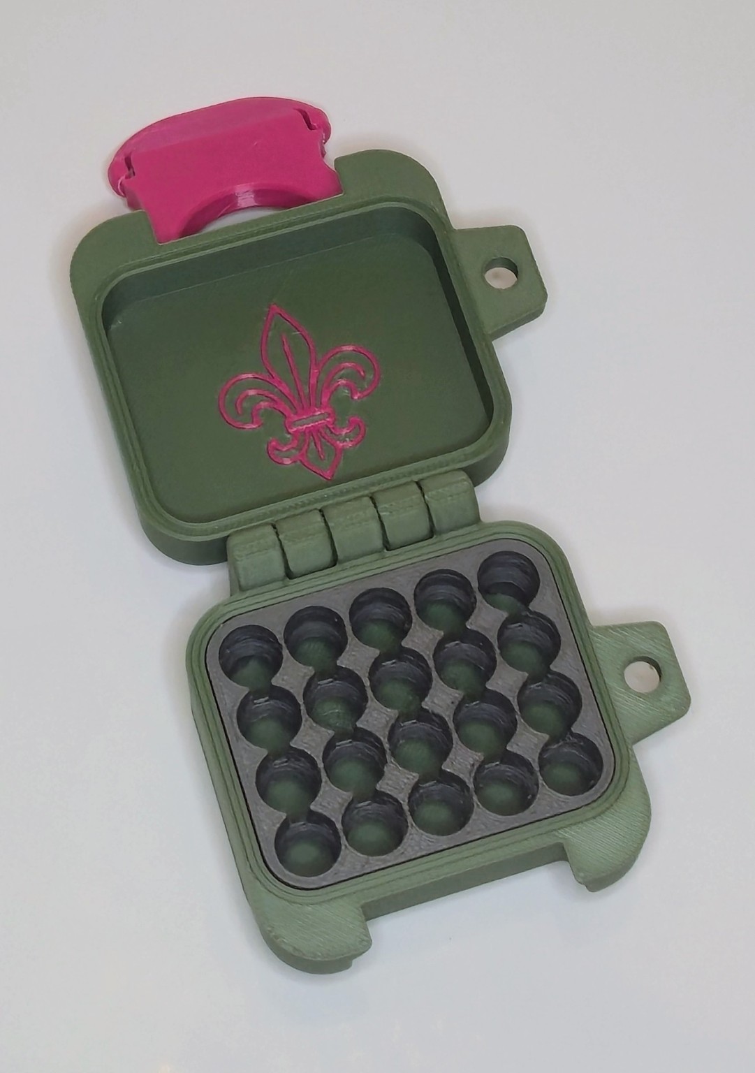 Open BRT .380 box with 20-round insert and fleur-de-lis lid accent