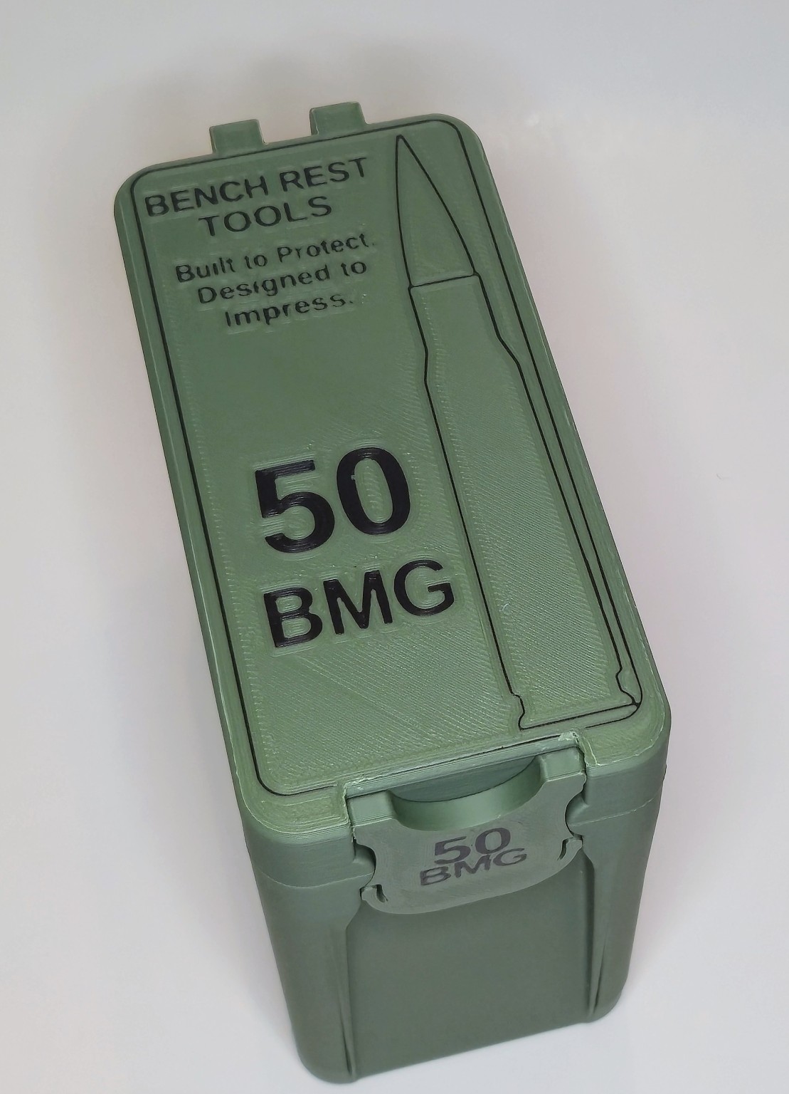 Closed BRT .50 BMG showcase box in OD green with black graphics