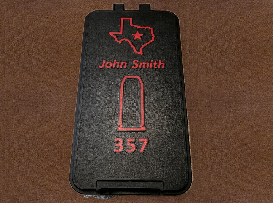 Black Bench Rest Tools 357 ammunition box lid with red Texas outline, star, and personalized name