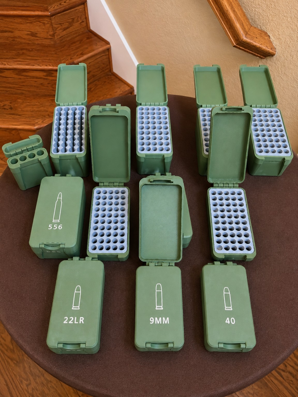 Open Bench Rest Tools ammunition storage boxes showing fitted caliber-specific inserts