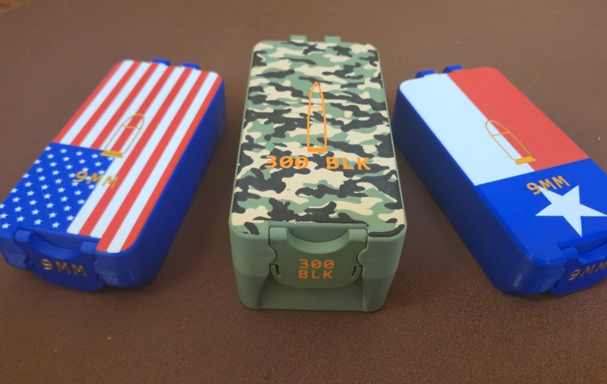 Custom American flag 9mm, woodland camouflage 300 BLK, and Texas flag 9mm Bench Rest Tools ammunition boxes