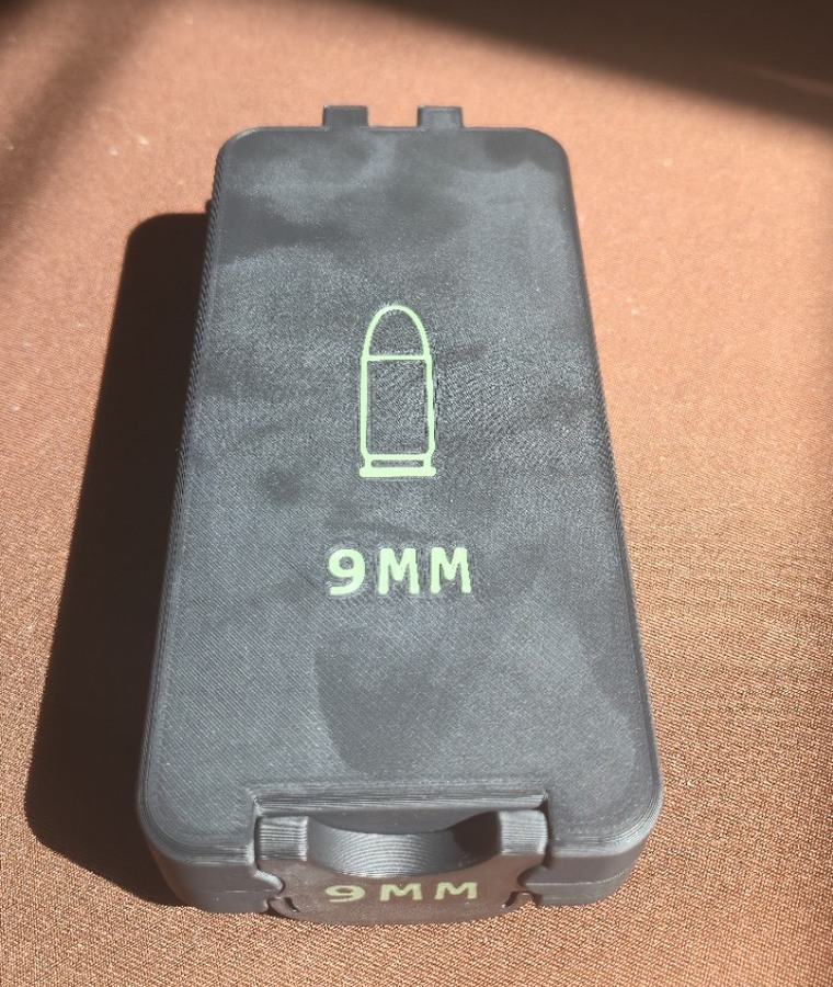 Black Bench Rest Tools 9mm ammunition box with OD green caliber graphics