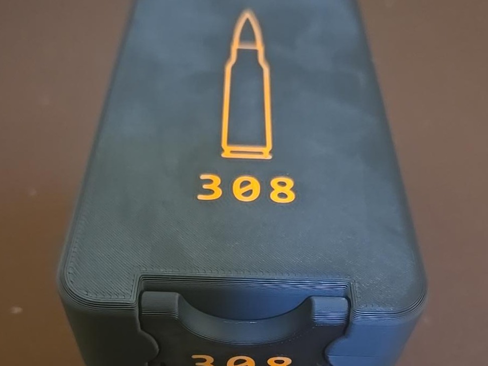 Black Bench Rest Tools .308 ammunition box with orange caliber graphics