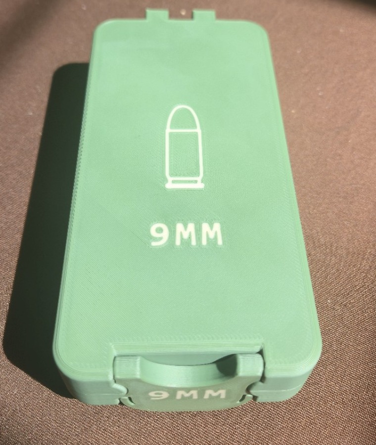 OD green Bench Rest Tools 9mm ammunition box with light contrasting caliber graphics